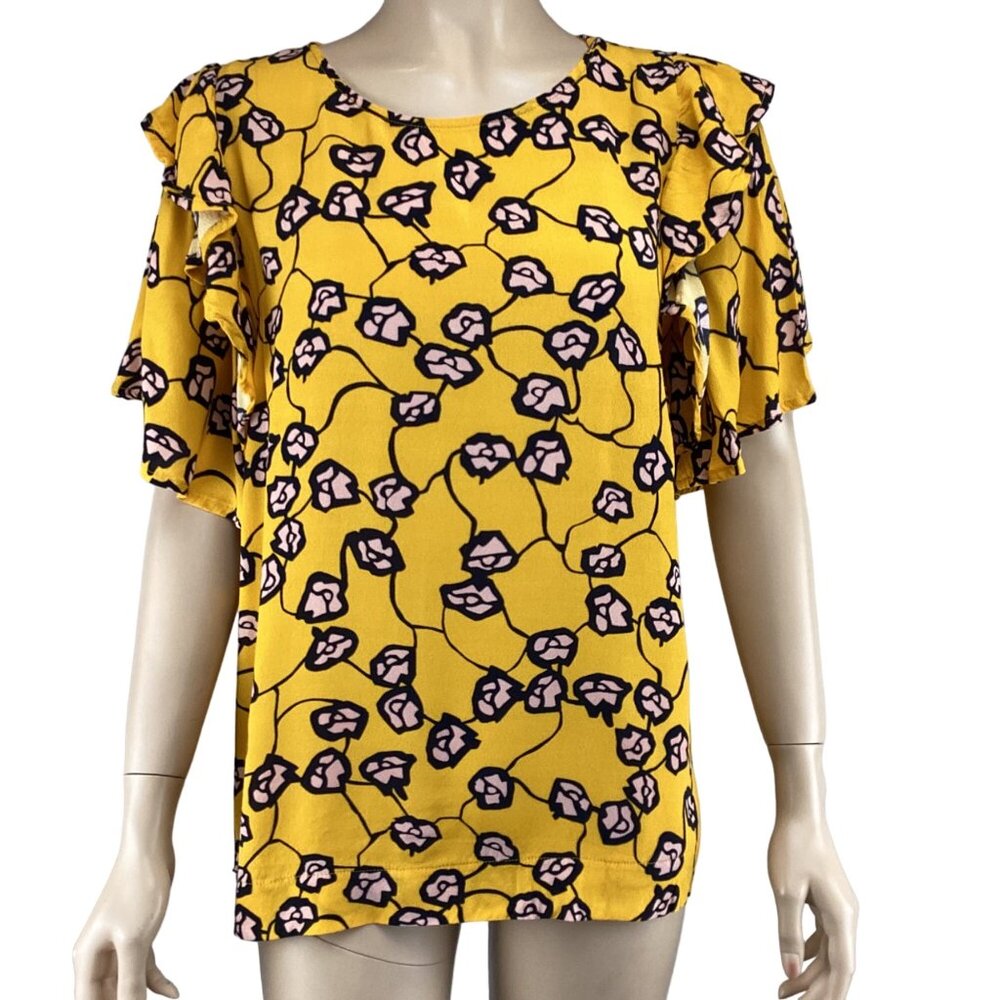 Code X Mode Top Size Large Floral Print Ruffle Sleeve Blouse Yellow/Pink/Black‎